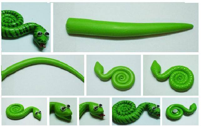 Змея из пластилина, соленого теста, полимерной глины и марципана